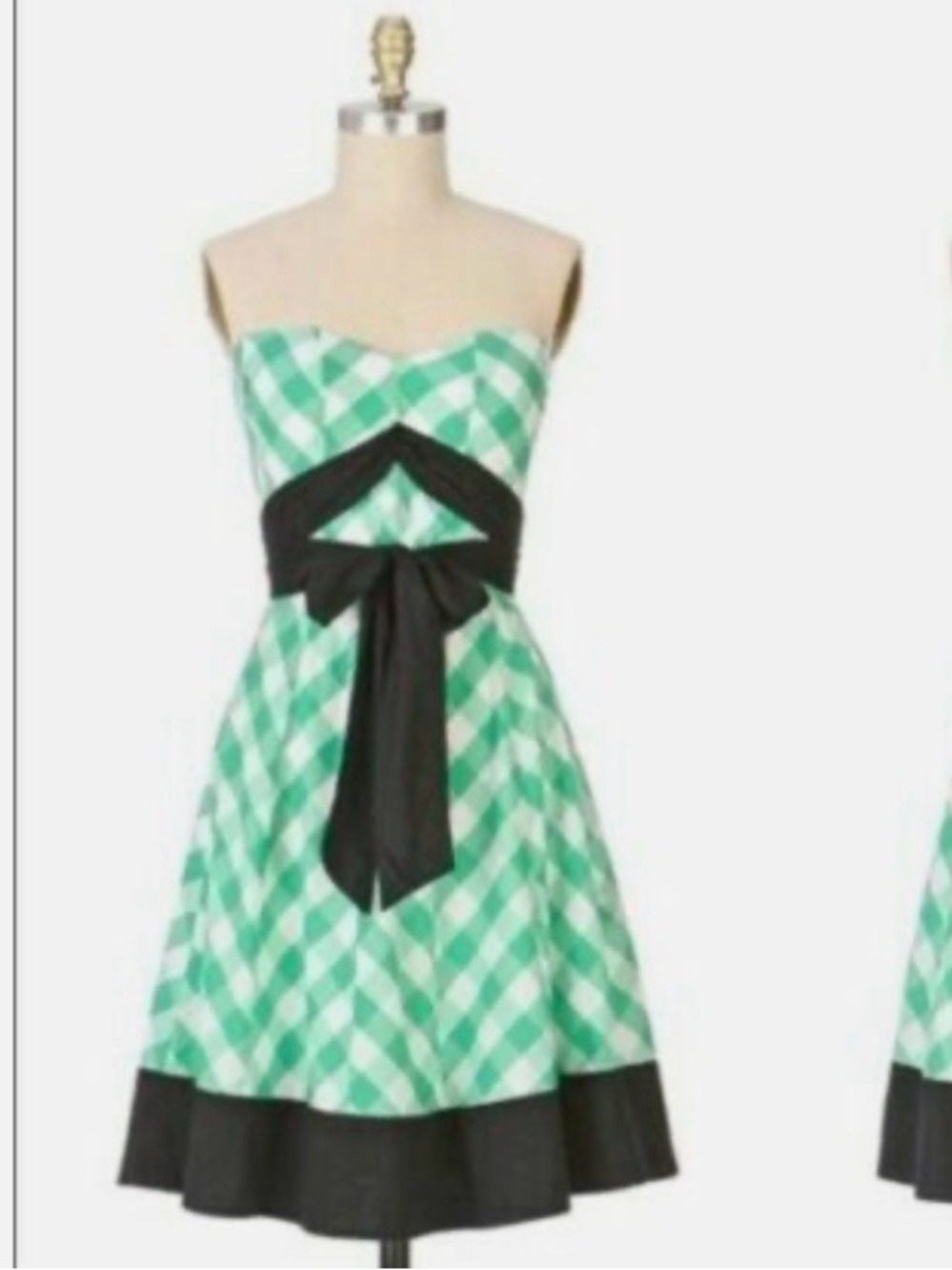 Anthropologie Odille Green and White Gingham Dress with Black Accents